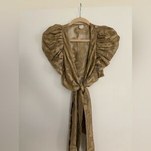 Elegant Brown Puff Sleeve Tie-Crop Top